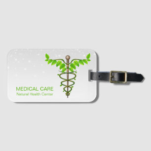 Étiquette À Bagage Alternative Médicale Caduceus Vert Feuilles Blanc