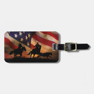 Étiquette À Bagage American Flag Rustic Team Roping Cowboys