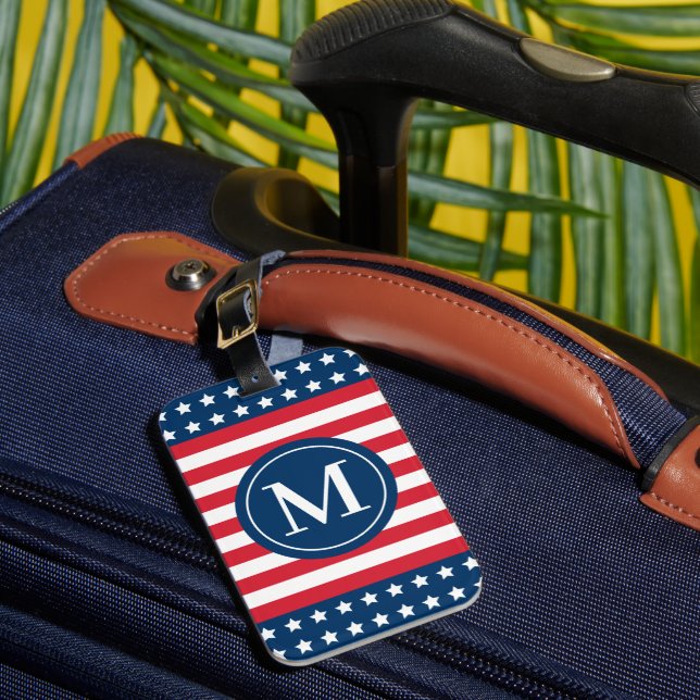 Étiquette À Bagage American Red White Blue Monogramme personnalisé in (Insitu Rectoal 1)