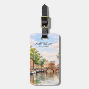 Étiquette À Bagage Amsterdam Pays-Bas Canal Ville Colorée Voyage