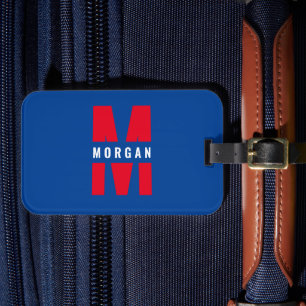 Étiquette À Bagage Amusant élégant Monogramme Nom Initial Bleu Blanc 