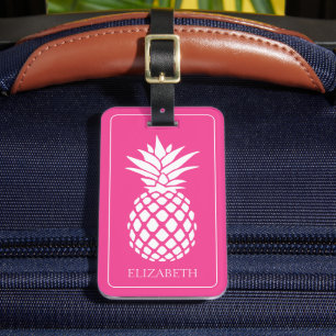 Étiquette À Bagage Ananas blanc chic sur fond rose