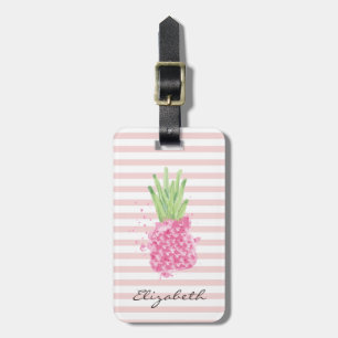 Étiquette À Bagage Ananas Chic Girly Aquarelle, Rayures