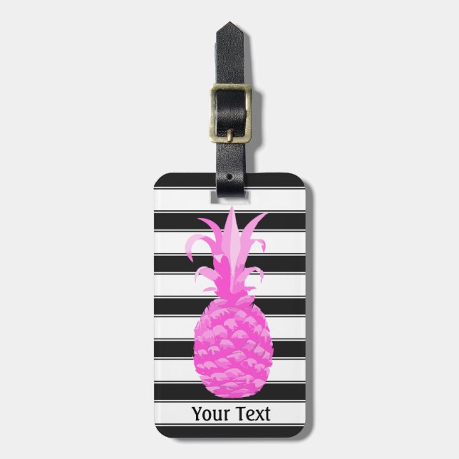 Étiquette À Bagage Ananas en rose chaud avec bandes noires (Devant Vertical)