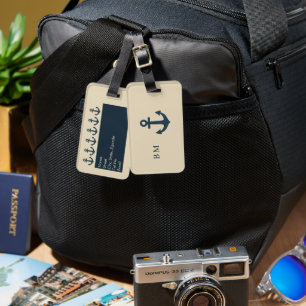 Étiquette À Bagage Ancre bleu marine avec Monogram Beige Coastal