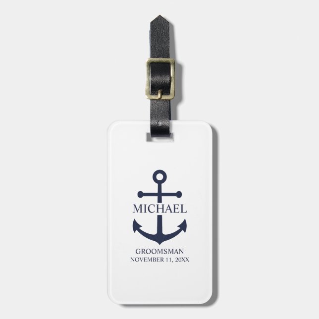 Étiquette À Bagage Ancre Bleue marine Nautique Groomsmen personnalisé (Devant Vertical)