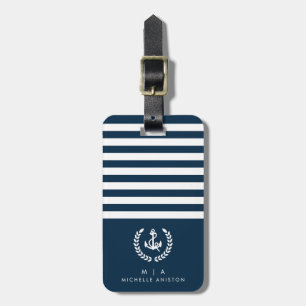 Étiquette À Bagage Ancre de bateau nautique bleu marine   Monogramme 