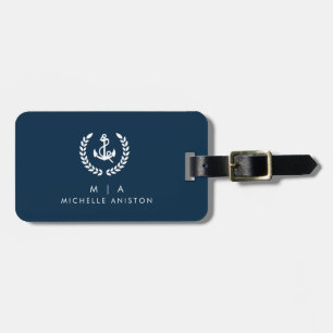 Étiquette À Bagage Ancre de bateau nautique bleu marine Monogramme