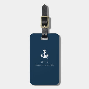 Étiquette À Bagage Ancre de bateau nautique bleu marine   Monogramme 