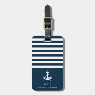 Étiquette À Bagage Ancre de bateau nautique bleu marine Monogramme