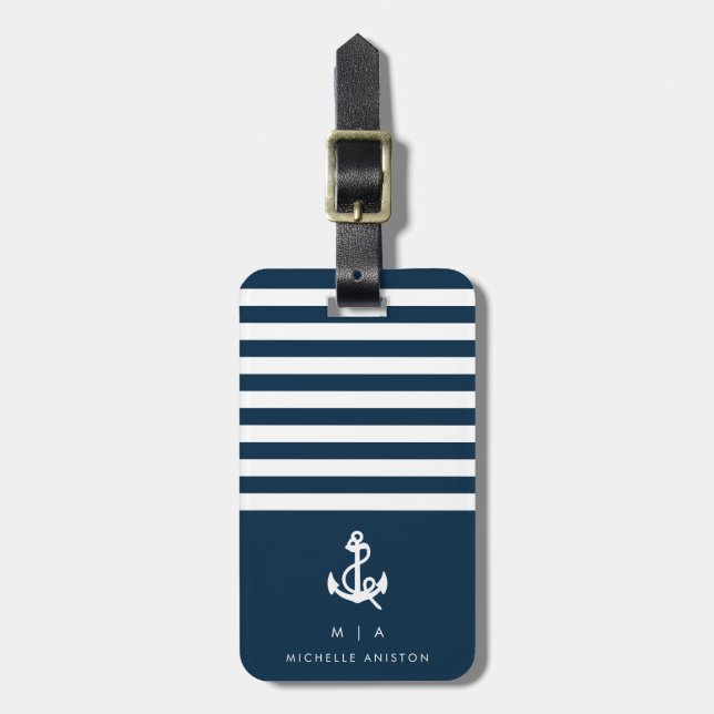 Étiquette À Bagage Ancre de bateau nautique bleu marine | Monogramme  (Devant Vertical)