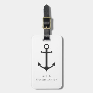 Étiquette À Bagage Ancre nautique noir blanc   Monogramme personnalis