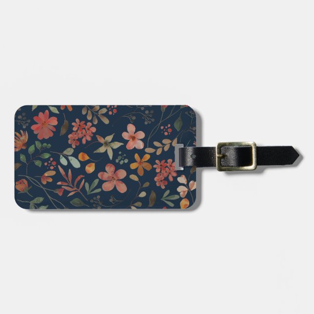 Étiquette À Bagage Antique aquarelle Imprimer floral sur marine (Devant horizontal)