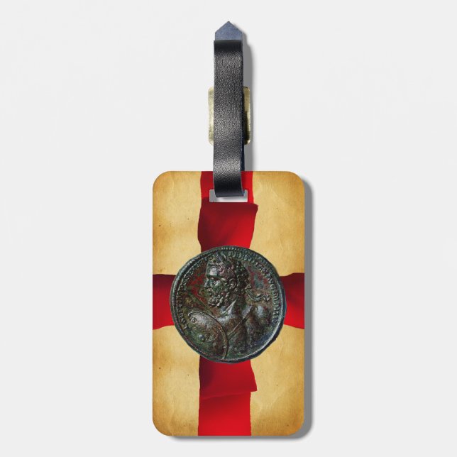Étiquette À Bagage ANTIQUE ROMAN BRONZE MEDALLION Rouge Ruban (Dos Vertical)