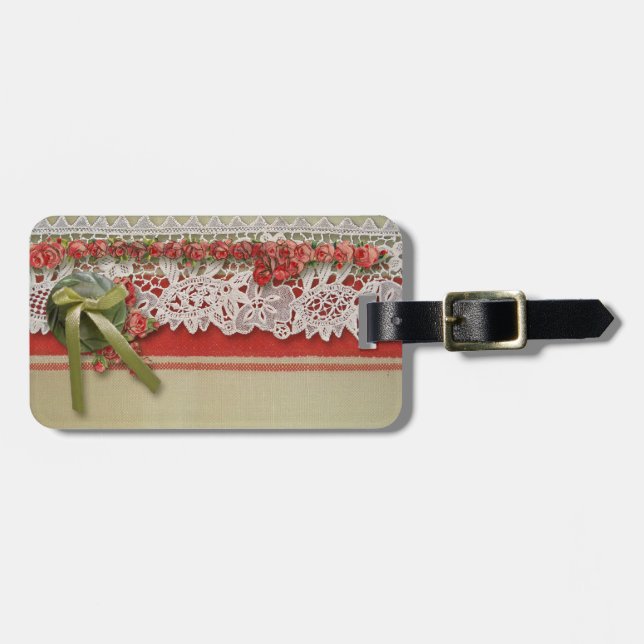 Étiquette À Bagage Antique Rose dentelle Rustique Rouge Victorien Bur (Devant horizontal)