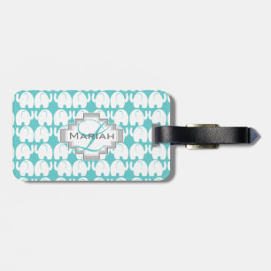 Étiquette À Bagage Aqua Monogramme Motif d'éléphants blancs