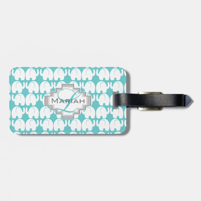 Étiquette À Bagage Aqua Monogramme Motif d'éléphants blancs (Dos horizontal)