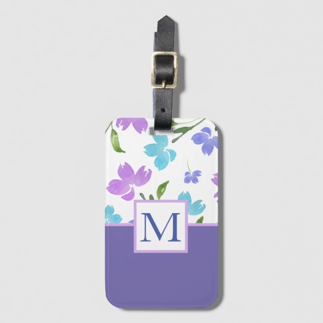 Étiquette À Bagage Aqua Periwinkle Purple Aquarelle tiges (Devant Vertical)