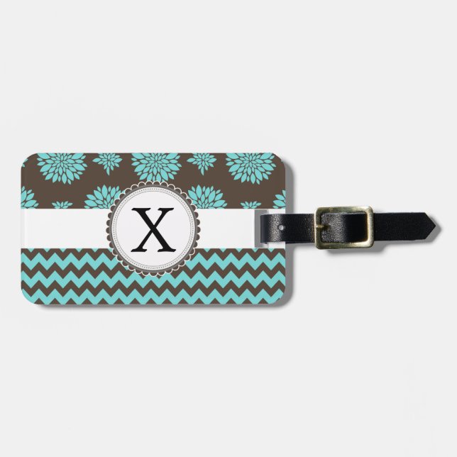 Étiquette À Bagage Aqua personnalisé et Fleurs brunes Zigzag (Devant horizontal)