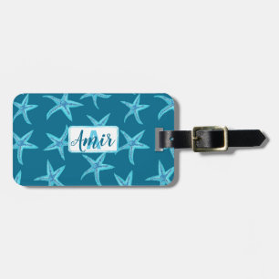 Étiquette À Bagage Aqua-turquoise bleu étoile d'eau - monogramme pers
