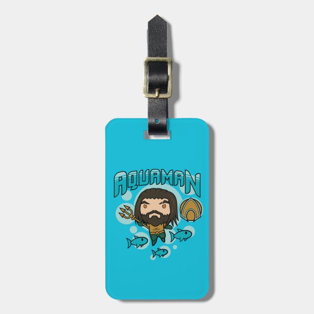 Étiquette À Bagage Aquaman | Chibi Aquaman Graphisme sous-marin (Devant Vertical)