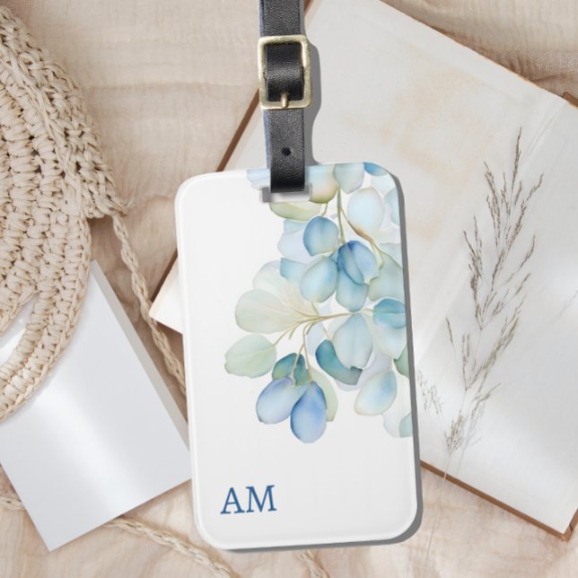Étiquette À Bagage Aquarelle Bleu Botanique Hydrangée Monogramme (Créateur téléchargé)