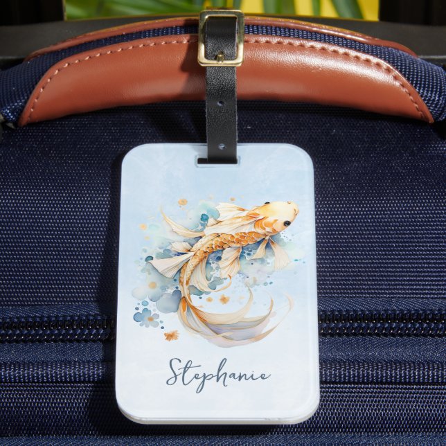 Étiquette À Bagage Aquarelle bleu or Koi poisson personnalisé (Insitu Rectoal 2)
