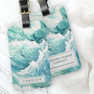 Étiquette À Bagage Aquarelle bleu vagues nom personnalisé