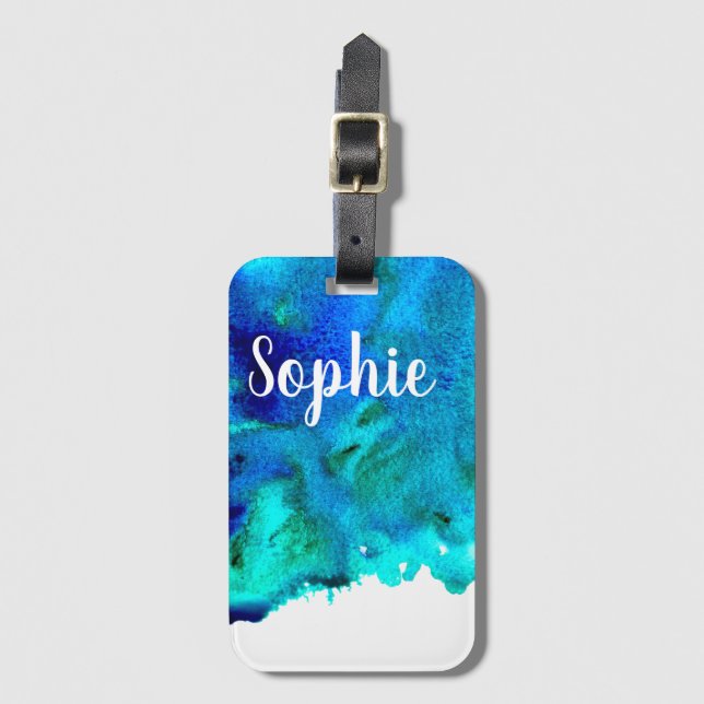 Étiquette À Bagage Aquarelle bleue Design océanique abstrait (Devant Vertical)