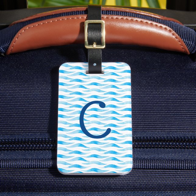 Étiquette À Bagage Aquarelle bleue personnalisée Vague initiale (Insitu Rectoal 2)