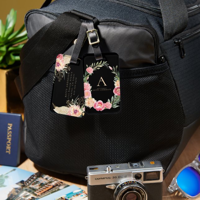 Étiquette À Bagage Aquarelle Boho Floral sur noir | Monogramme chic (Recto & Verso)