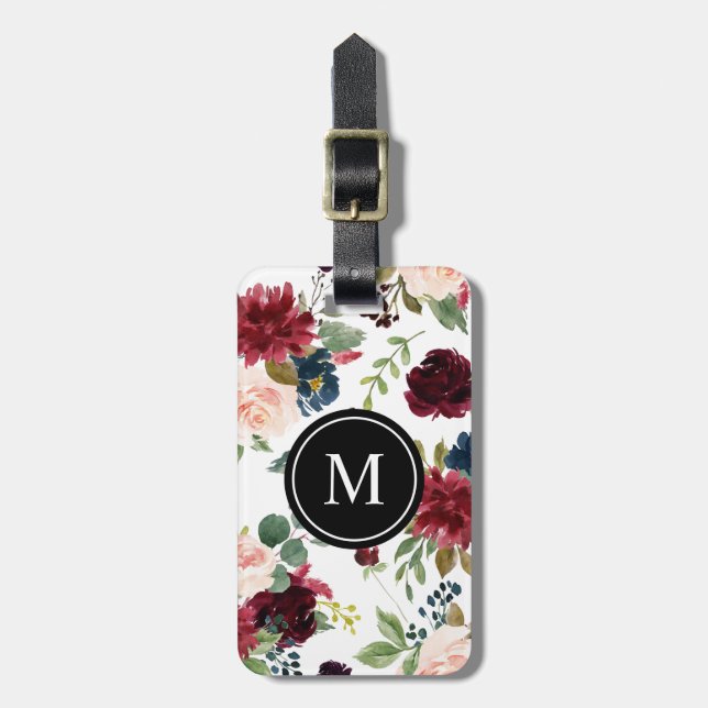Étiquette À Bagage Aquarelle Bourgogne et monogramme de fleurs de (Devant Vertical)