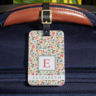 Étiquette À Bagage Aquarelle customisée Florale Vert Fleurs roses