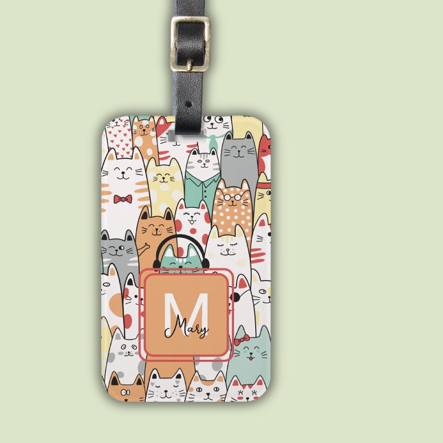 Étiquette À Bagage Aquarelle Cute Chats Nom Sur Monogramme Voyage (Créateur téléchargé)