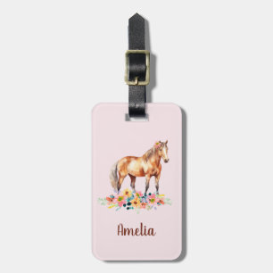 Étiquette À Bagage Aquarelle Cute Horse Floral Rose Nom Bagage Balise