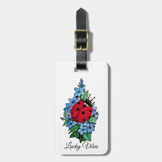 Étiquette À Bagage Aquarelle Cute Ladybird Avec Fleurs Bleues Sauvage (Devant Vertical)