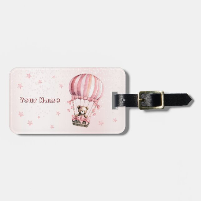 Étiquette À Bagage Aquarelle Cute Rose Teddy Bear Hot Air Balloon (Devant horizontal)