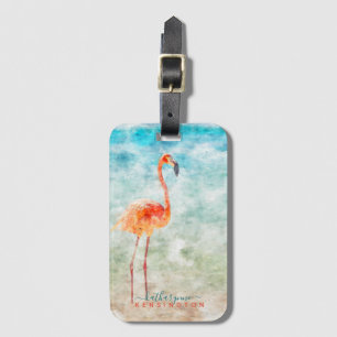Étiquette À Bagage Aquarelle de plage de Flamant rose tropical