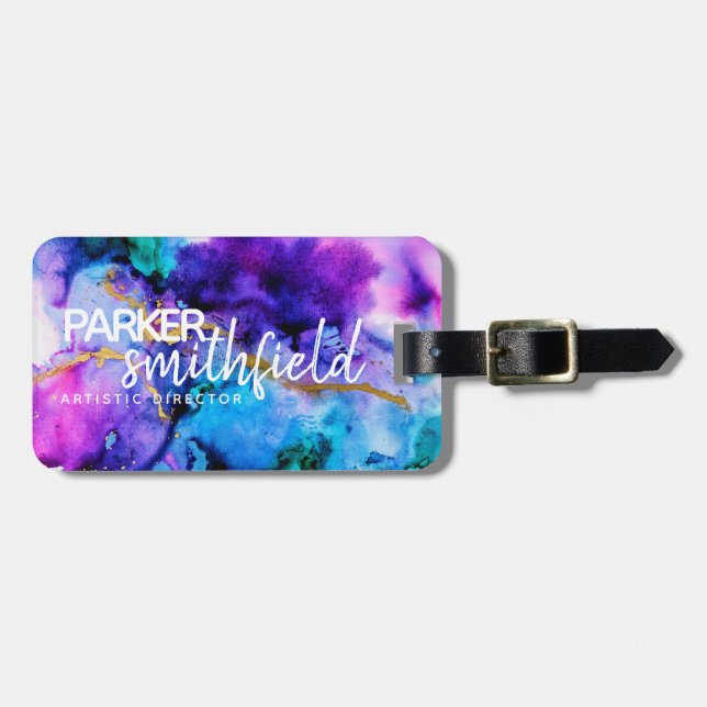 Étiquette À Bagage  Aquarelle dorée bleu pourpre (Devant horizontal)