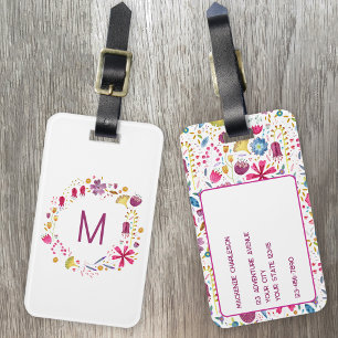 Étiquette À Bagage Aquarelle Fleur sauvage Monogramme de couronne per