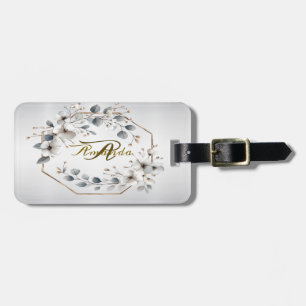 Étiquette À Bagage Aquarelle Fleurs blanches Cadre doré Argent Turquo