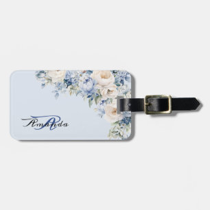 Étiquette À Bagage Aquarelle Fleurs d'ivoire bleu foncé