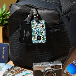 Étiquette À Bagage Aquarelle fleurs noir or monogramme