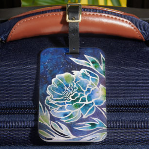 Étiquette À Bagage Aquarelle florale Turquoise bleu Dahlia Navy