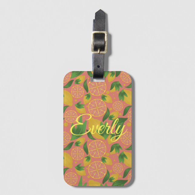 Étiquette À Bagage Aquarelle Fruit citron rose Personnalisé (Devant Vertical)