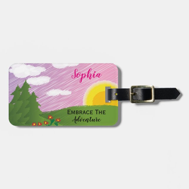 Étiquette À Bagage Aquarelle Girl Pink Adventure (Devant horizontal)