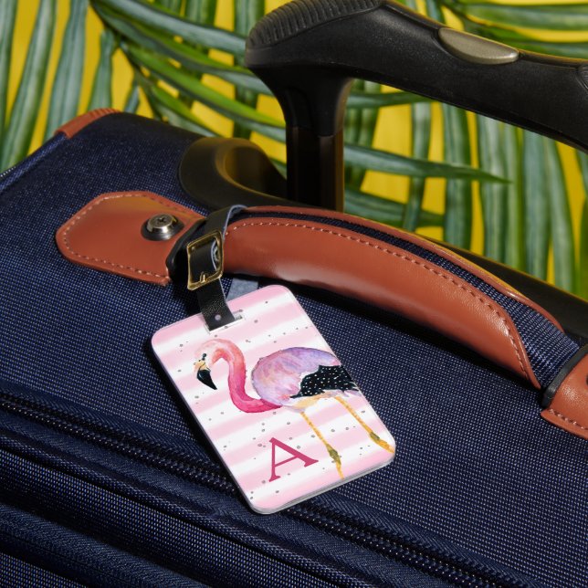 Étiquette À Bagage Aquarelle mignonne Flamant rose Monogramme Bande r (Insitu Rectoal 1)