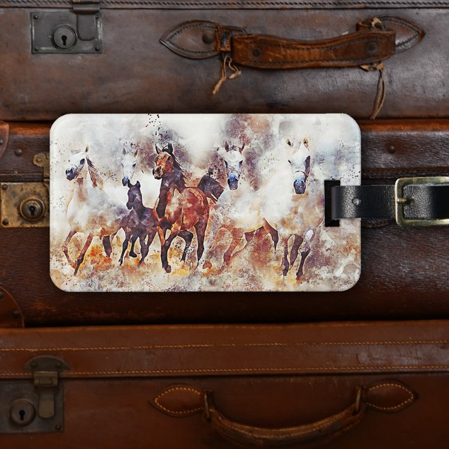 Étiquette À Bagage Aquarelle moderne Chevaux sauvages (Luggage tag featuring a watercolor painting of wild running horses. Beautiful for any horse lover)