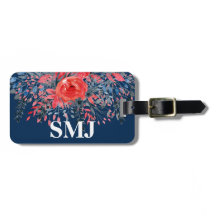 Aquarelle Monogramme Floral Bleu Denim et Rose Rou