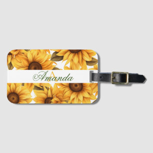 Étiquette À Bagage Aquarelle Motif de tournesol jaune avec nom